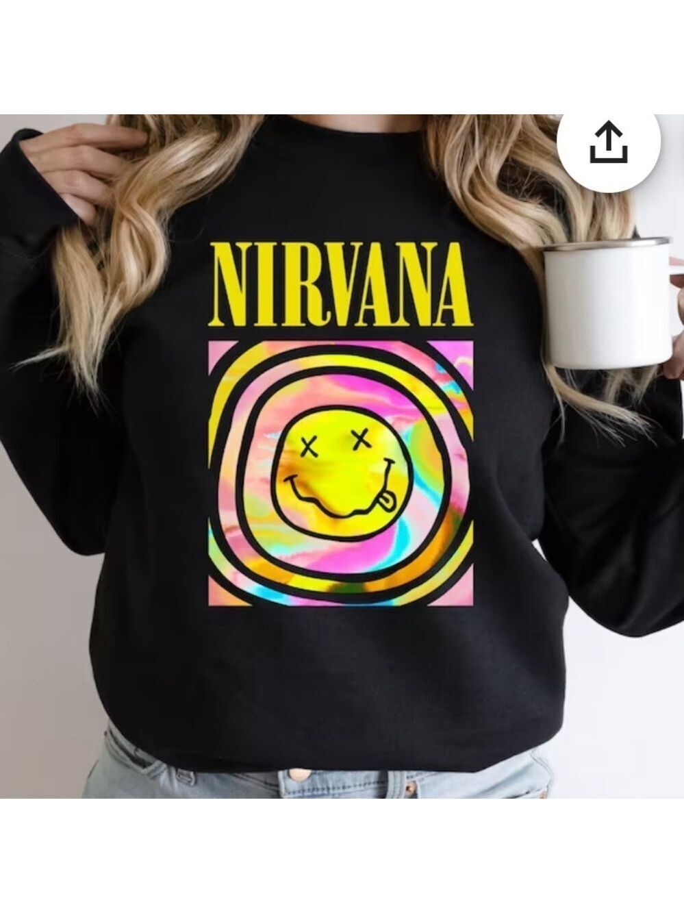 Nirvana Smiley Face Logo Crewneck Sweatshirt Size S Black Highlighter Tie Dye